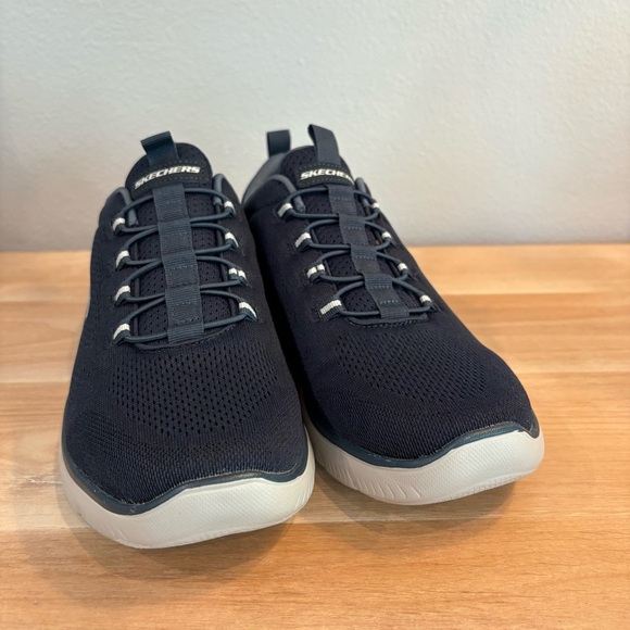 Men's 10 Skechers Memory Foam Navy Blue Slip on Athletic Sport Walking Shoes - Picture 3 of 6